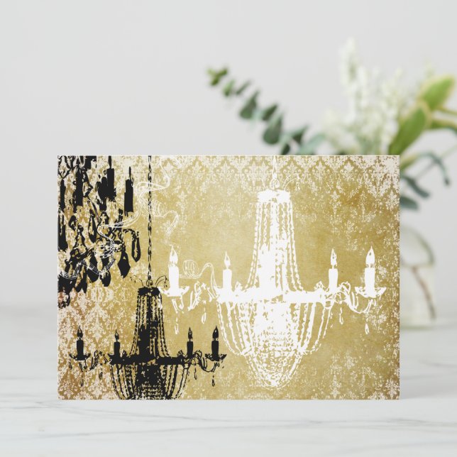 Convite Dourado Damask Vintage Chandelier Invitation (Em pé/Frente)