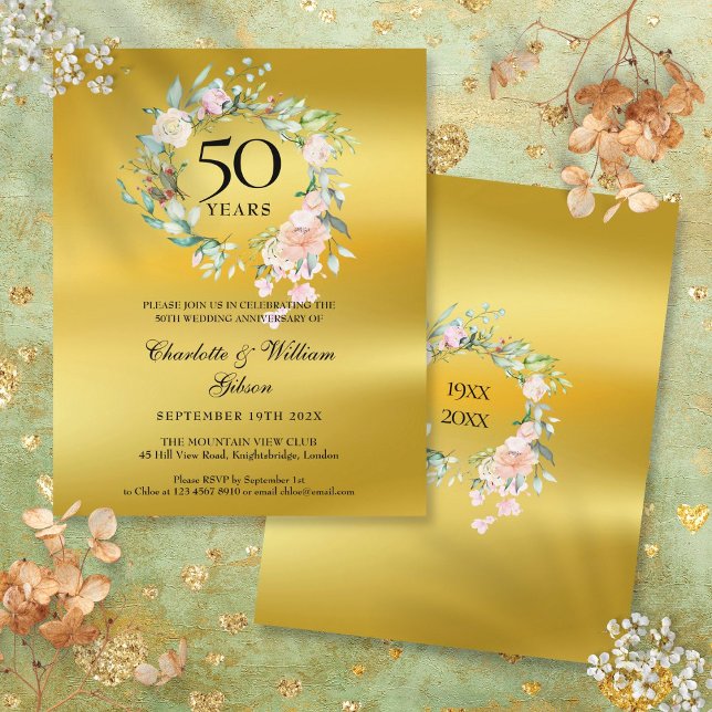 Convite Dourado de 50 anos de calendário de orçame (Budget Floral Gold 50th Anniversary Invitation)