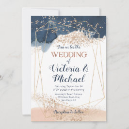 Convite Dourado de Casamento Azul-Cor-de-Rosa Azul