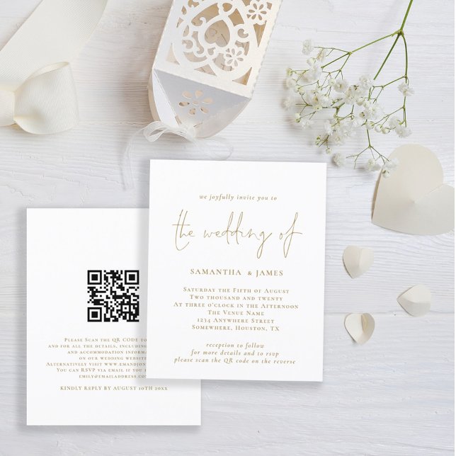 Convite Dourado de Casamento Branco do Código QR d (Front and back view. Budget price smaller invitation. Part of a matching wedding suite.)