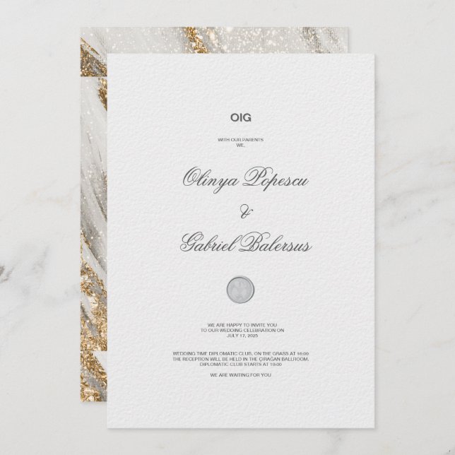 Convite Dourado de Casamento Chic Foil Branco (Frente/Verso)
