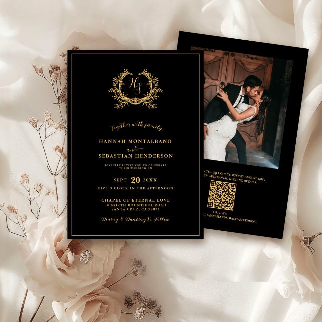 Convite Dourado de Casamento Crest Preto QR Monogr (Criador carregado)