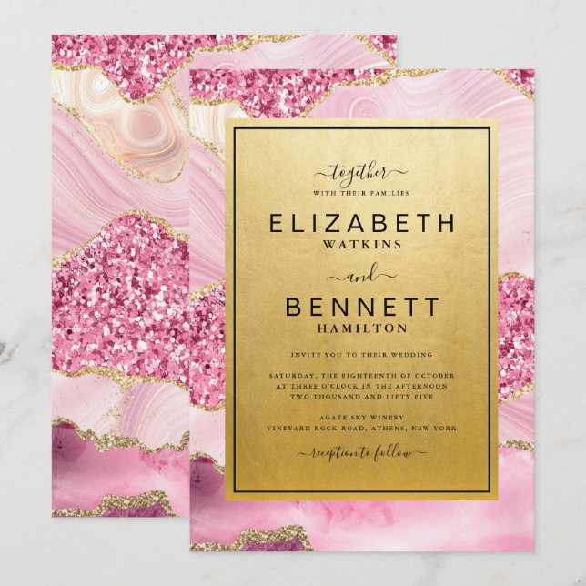 Convite Dourado de Casamento de Agata Rosa-Brilhan (Frente/Verso)