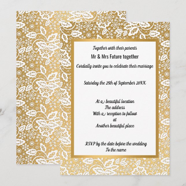 CONVITE DOURADO DE CASAMENTO DE LACE VINTAGE (Frente/Verso)