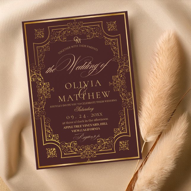 Convite Dourado de Casamento de Script Burgundy (Criador carregado)