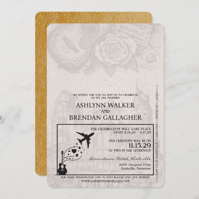Convite Dourado de casamento do Passaporte Nashvil (Frente/Verso)