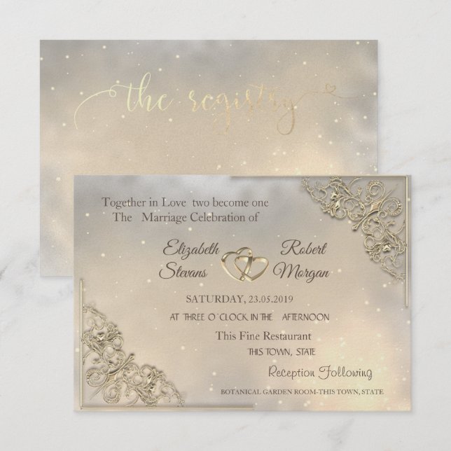 Convite Dourado de Casamento e Registro (Frente/Verso)