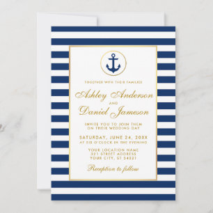 Convite Dourado de Casamento Náutico Blue Stripes