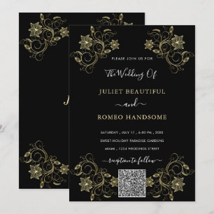 Convite Dourado de Casamento Preto Floral com Códi