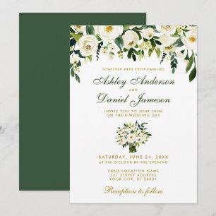 Convite Dourado de Casamento Verde Floral Watercol
