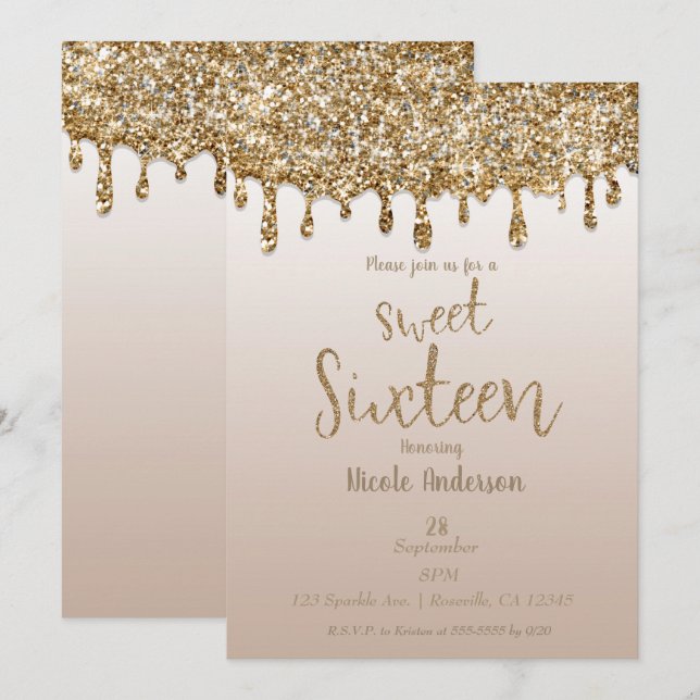 Convite Dourado de Champanhe com Glitter e Gotejamento Gla (Frente/Verso)