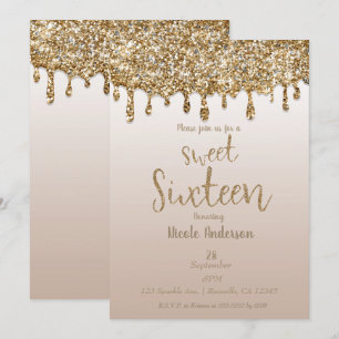 Convite Dourado de Champanhe com Glitter e Gotejamento Gla