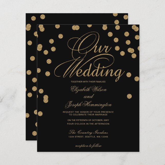 Convite Dourado de Confetti para Casamento de Conf (Frente/Verso)