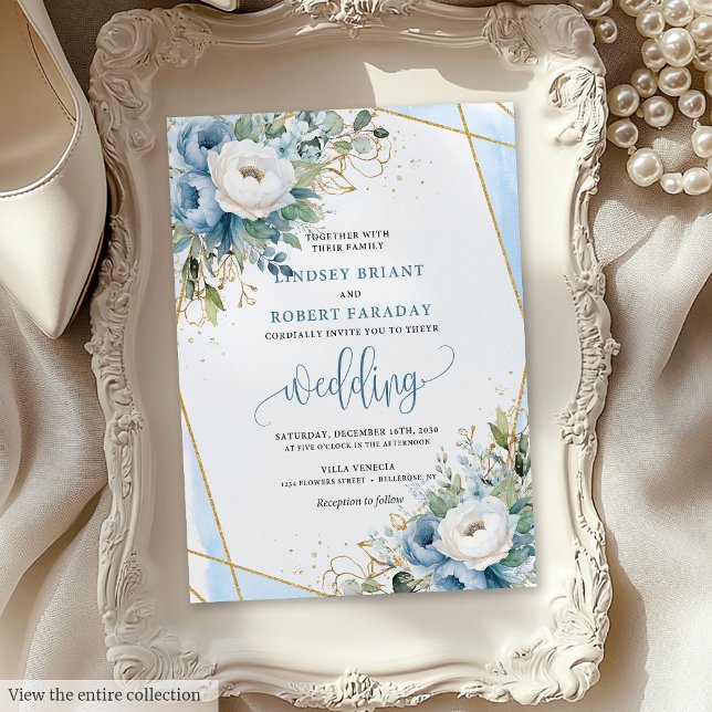 Convite Dourado de Flores Azuis Clássicas Azul (Classic Dusty Blue White Gold Flowers Invitation)