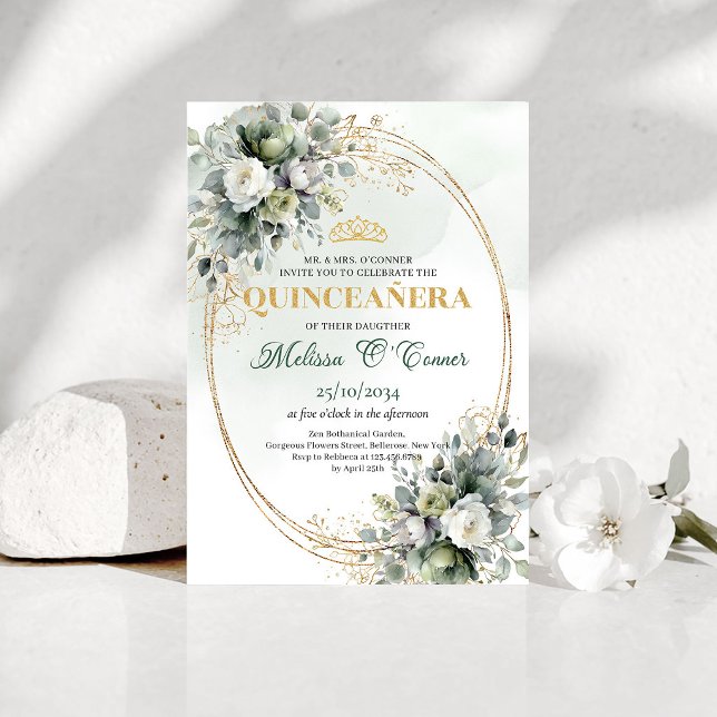 Convite Dourado de Quinceañera em Eucalipto Verde  (Dusty Green Eucalyptus Quinceañera Gold Invitation)