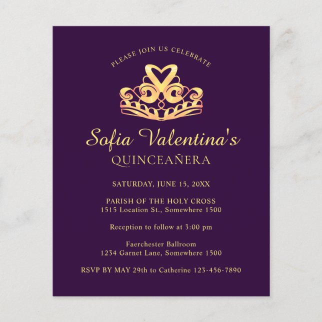 Convite Dourado de Tiara Quinceanera, Roxo de Orça (Frente)