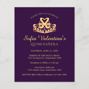 Convite Dourado de Tiara Quinceanera, Roxo de Orça