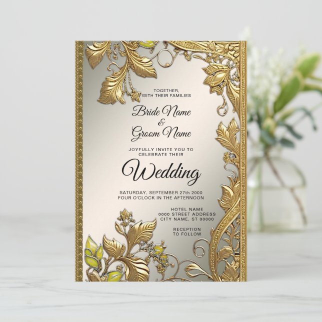 Convite Dourado Decorativo Floral De Casamento Ele (Em pé/Frente)