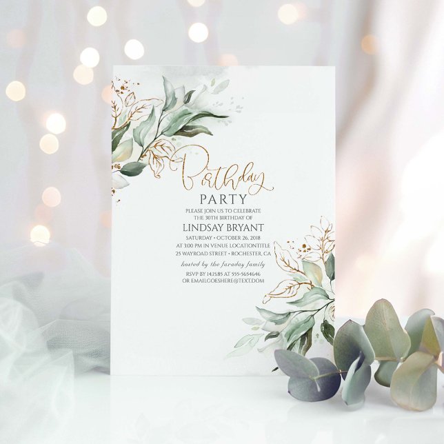 Convite Dourado deixa Eucalyptus verde feliz aniversário (Greenery Birthday Invitation)