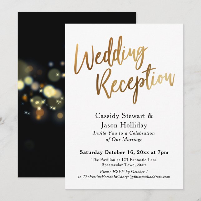 Convite Dourado Depois da Recepção de Casamento, Bokeh Pre (Frente/Verso)