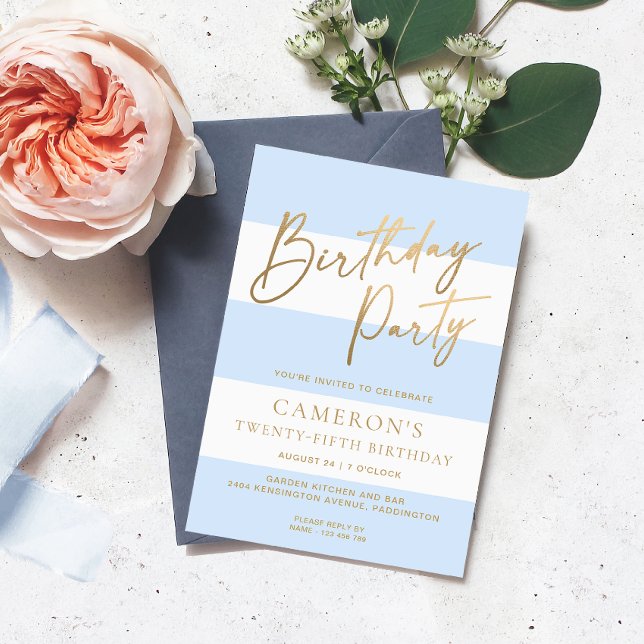Convite Dourado Dia de Nascimento Azul Claro (Birthday Party Invitation Stripe )