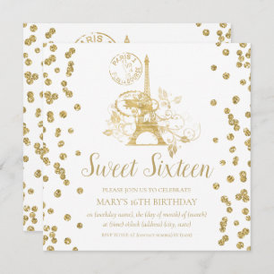 Convite Dourado Doce 16 Paris Glitter Confetti