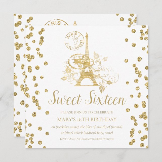 Convite Dourado Doce Dezesseis Paris Glitter Confetti (Frente/Verso)