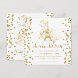 Convite Dourado Doce Dezesseis Paris Glitter Confetti