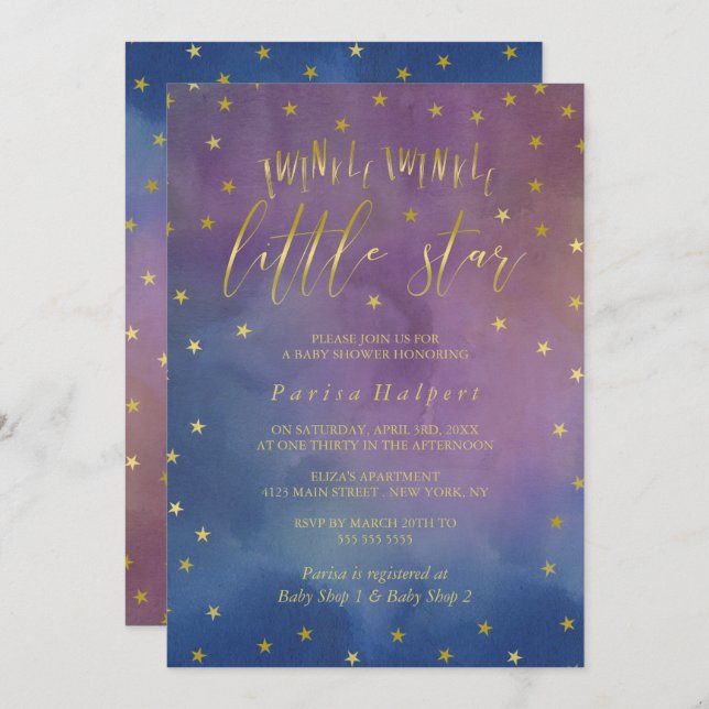 Convite Dourado e Aquarela Brilhar Pequeno Chá de fraldas  (Frente/Verso)