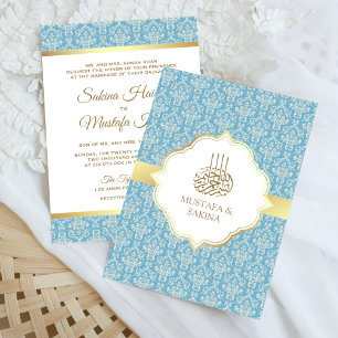 Convite Dourado e Azul Claro Damasko Casamento Islâmico Mu