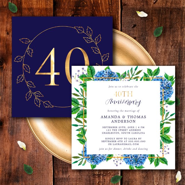 Convite Dourado e Azul Hydrangea 40º Aniversário de Casame (Front / Back)