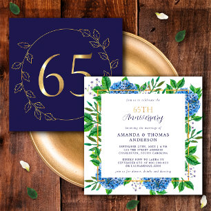 Convite Dourado e Azul Hydrangea 65º Aniversário de Casame