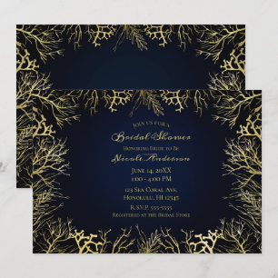 Convite Dourado e Azul-Marinho Escuro Coral Elegante Chá d