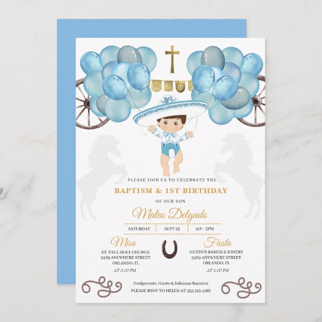 Convite Dourado e Azul Menino Mexicano Charro Baptism (Frente/Verso)