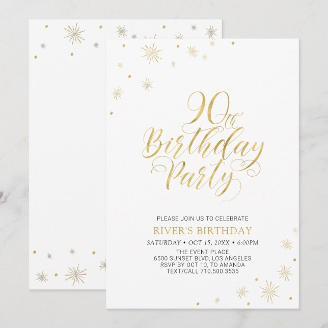 Convite Dourado e branco | 90 moderna (Frente/Verso)