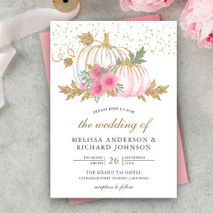 Convite Dourado e Branco Abóbora Rosa Floral Casamento de