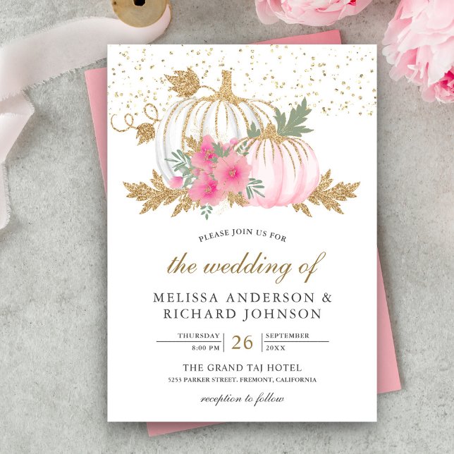 Convite Dourado e Branco Abóbora Rosa Floral Casamento de  (Criador carregado)