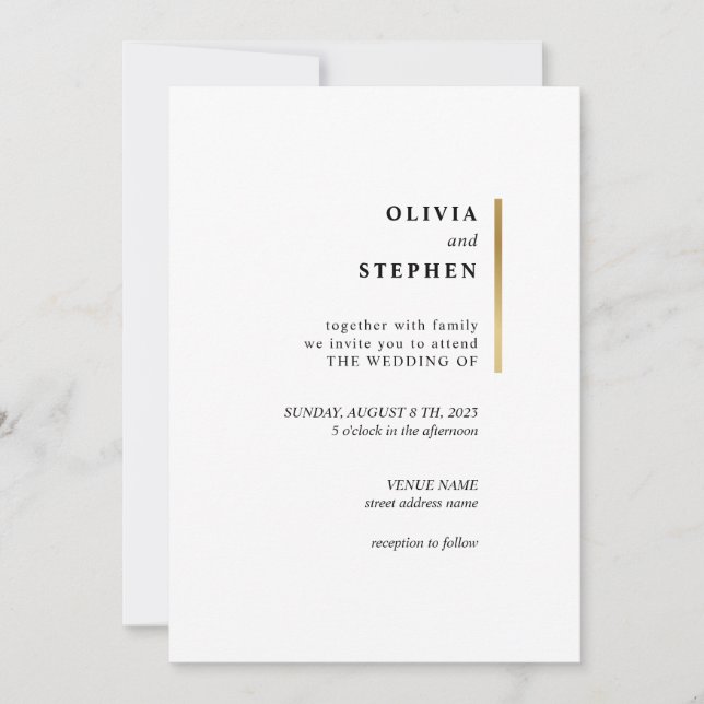 Convite Dourado e branco. Casamento com Tipografia Simples (Frente)