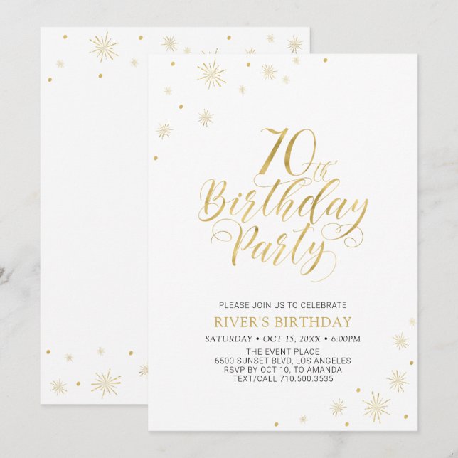 Convite Dourado e Branco | Festa de 70 Anos Moderno e Chic (Frente/Verso)