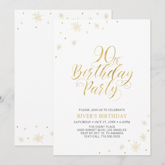 Convite Dourado e Branco | Festa de 90 Anos Moderno e Chic (Frente/Verso)