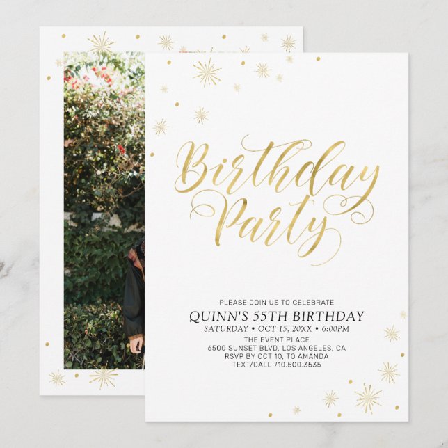 Convite Dourado e Branco | Festa de Aniversário Moderno e  (Frente/Verso)