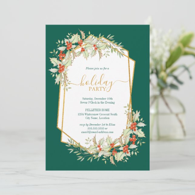 Convite Dourado e Holly | Celebração Geométrica de Férias (Em pé/Frente)