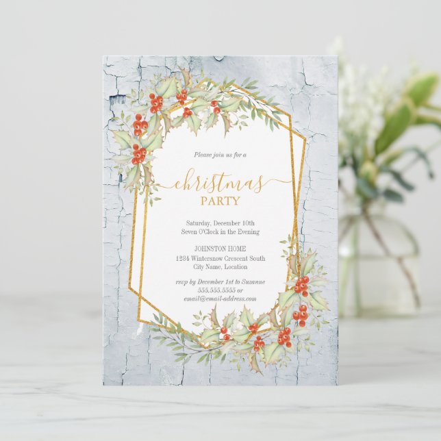 Convite Dourado e Holly | Natal russo geométrico (Em pé/Frente)