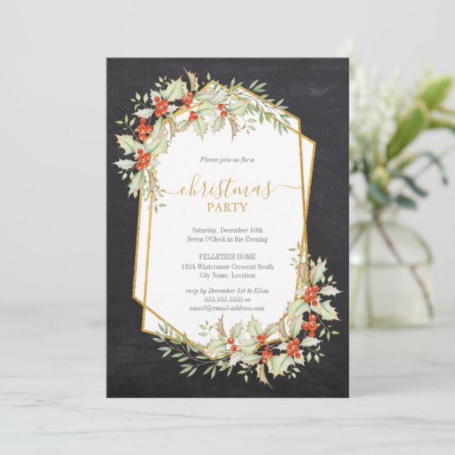 Convite Dourado e Holly | Quadro geométrico Natal (Em pé/Frente)