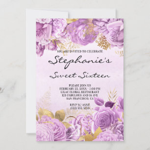 Convite Dourado e Lilás Floral Aquarela Sweet Sixteen
