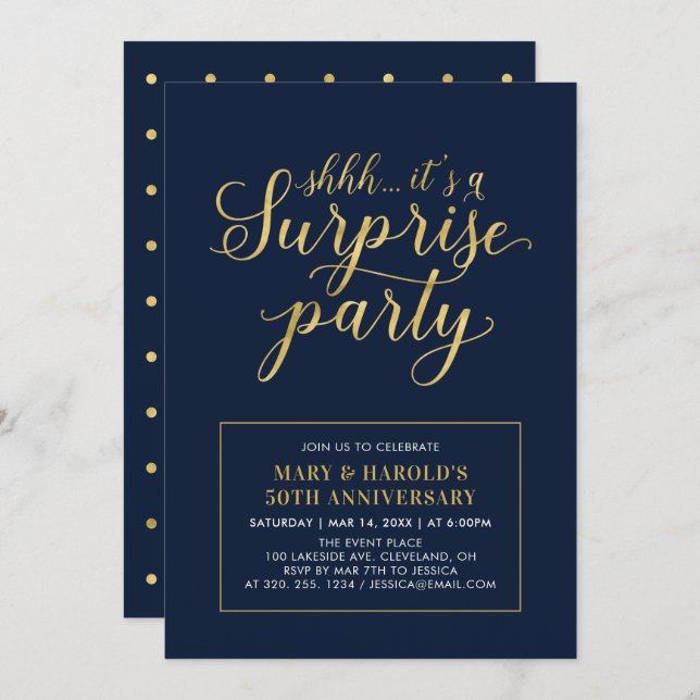 Convite DOURADO e MARINHO | 50.o Aniversário do casamento  (Frente/Verso)