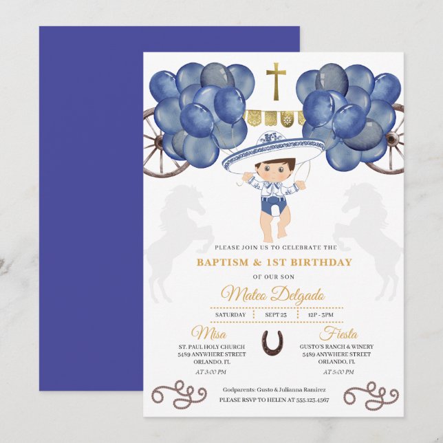 Convite Dourado e Marinho Blue Baby Boy Charro Baptism (Frente/Verso)
