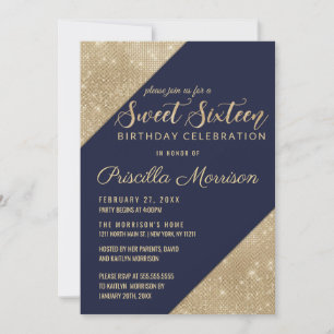 Convite Dourado e Marinho Blue Faux Glitter Sequin Sweet 1