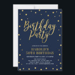 Convite Dourado e Marinho moderno Adulto 50ª Festa de aniv<br><div class="desc">Celebre seu dia especial com este modelo na moda moderno de convites de aniversário. Este design apresenta confetti e tipografia quic com textura dourada.</div>