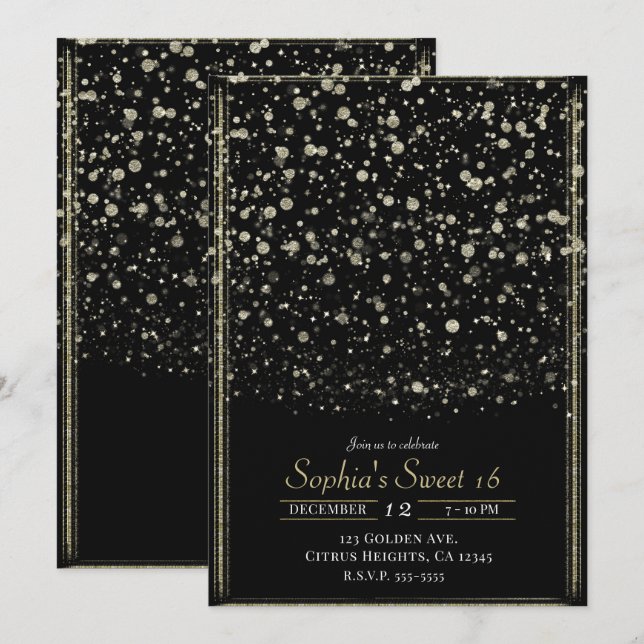Convite Dourado e negro Confetti Splatter Sweet 16 Party (Frente/Verso)